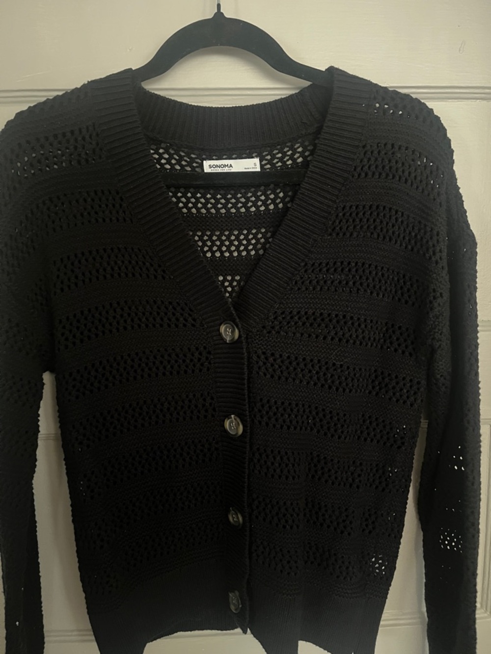 Sonoma Black Open-Work V-Neck Button Cardigan